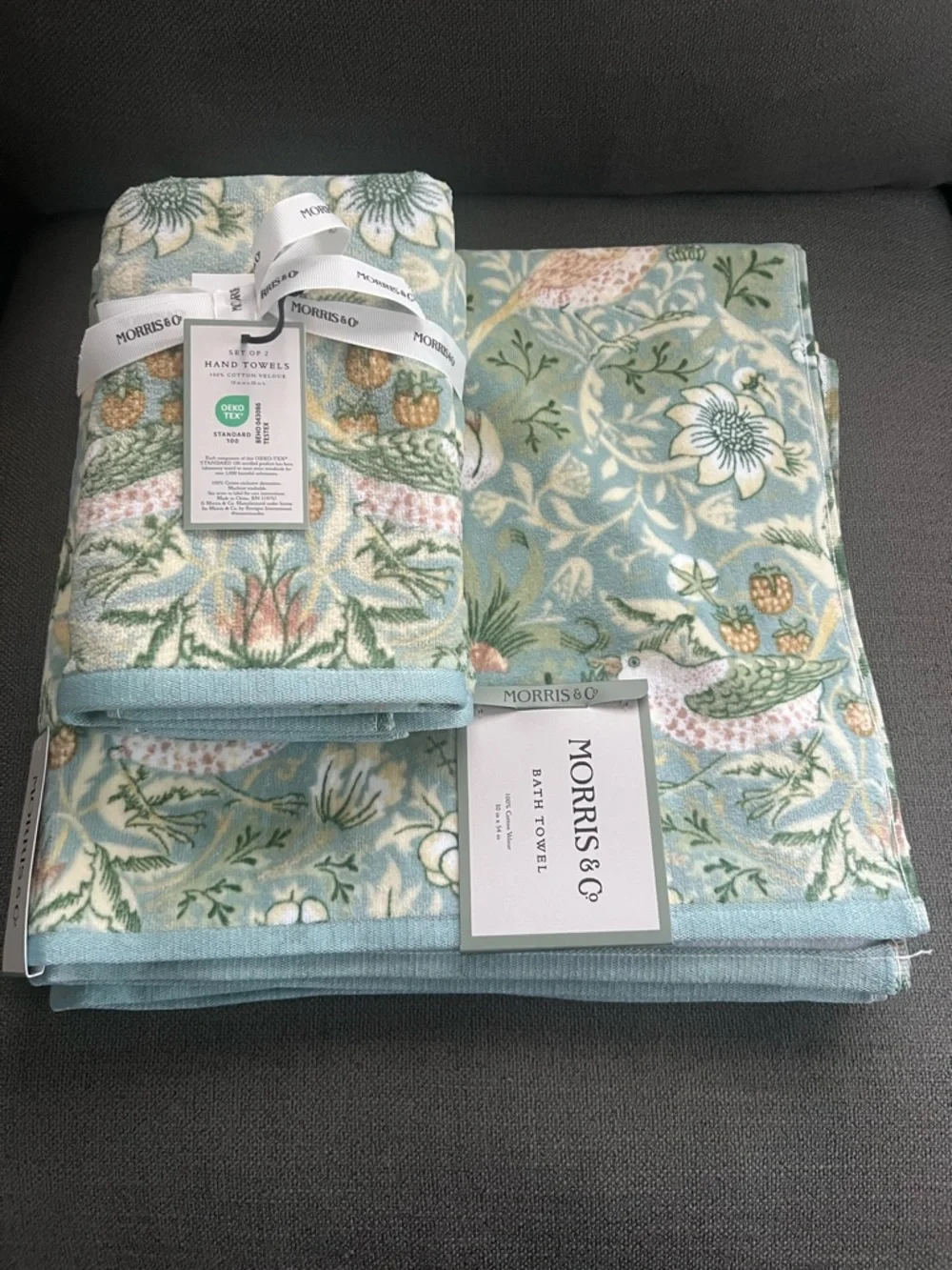 6 pc William Morris Strawberry Thief Floral Velour Bath Towel Set